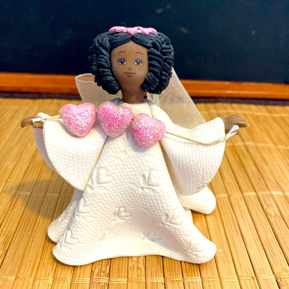 African American little girl Cherub Ornament giving hearts